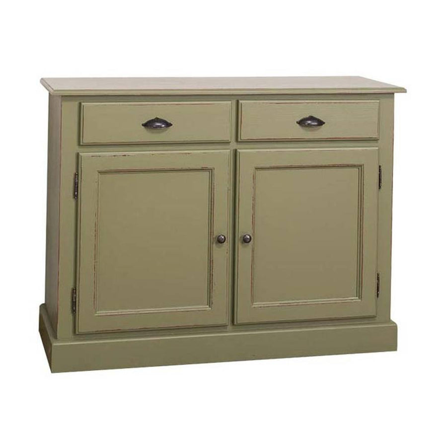 Country stílusú álló konyhaszekrény két fiókkal, és polcos tárolóval. Színe: olívazöld.