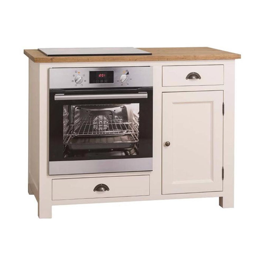 Country stílusú konyhaszekrény, melyen sütő és főzőlap számára van kialakítva hely. Színe: fehér és natúr.