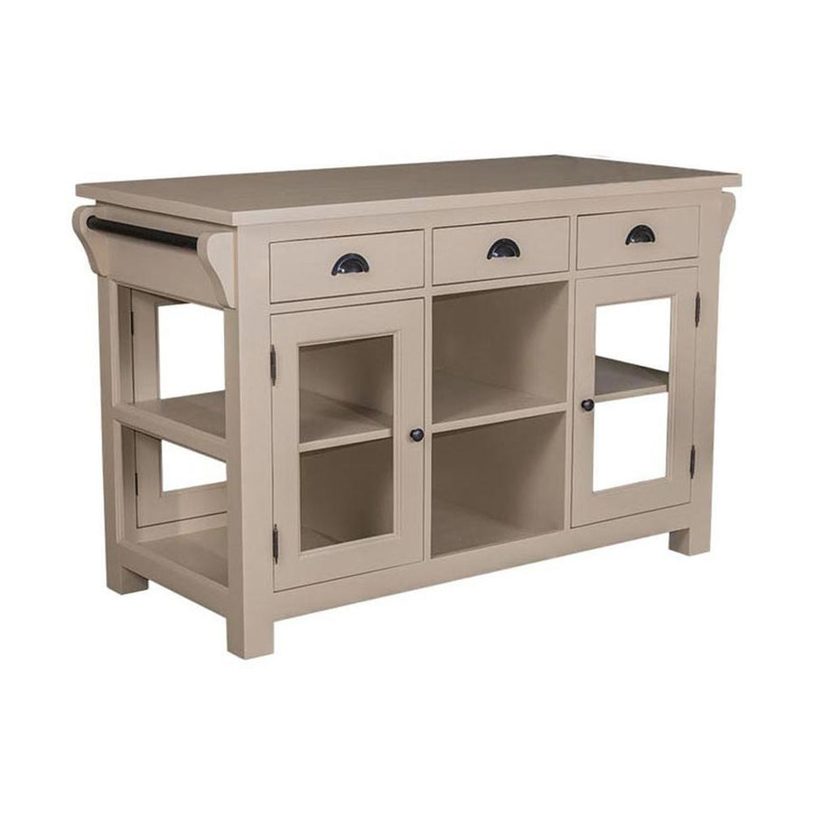 Country stílusú konyhasziget hat fiókkal, két oldalt üveges tárolóval, nyitott tárolóval.  Színe: törtfehér.