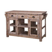 Country stílusú konyhasziget hat fiókkal, két oldalt üveges tárolóval, nyitott tárolóval.  A bútort mélycsiszolásos technikával kezelték, így gyönyörűen kirajzolódnak rajta a fa erezetes mintái.