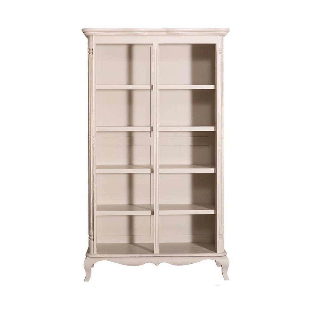 Shabby chic stílusú, fehér színű fenyőfa könyvespolc öt polccal.