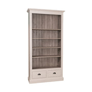 Bézs és szürkésbarna színű könyvszekrény négy polccal és két fiókkal.