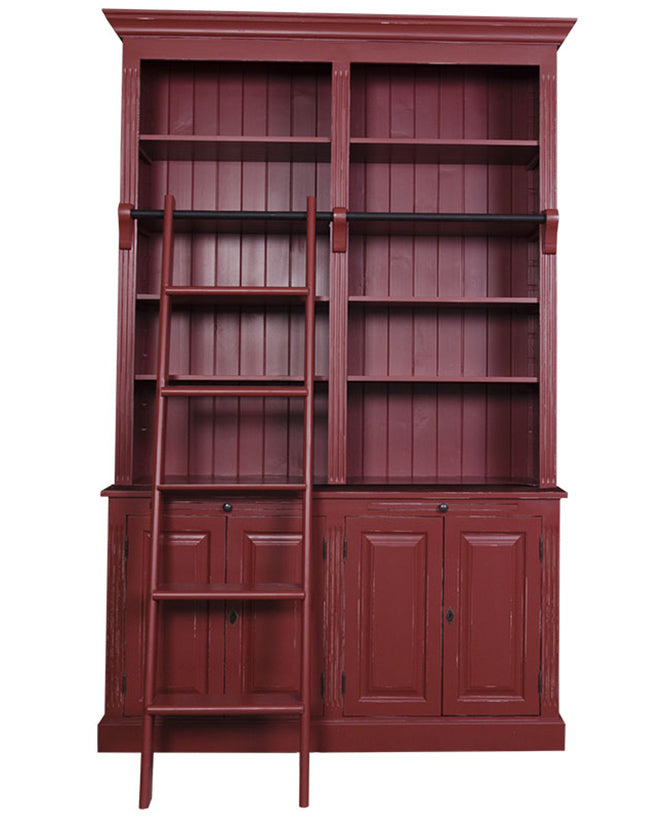 Antikolt vörös színű, klasszikus stílusú könyvesszekrény négy polccal és kétszer kétajtós tárolóval a bútor alján.