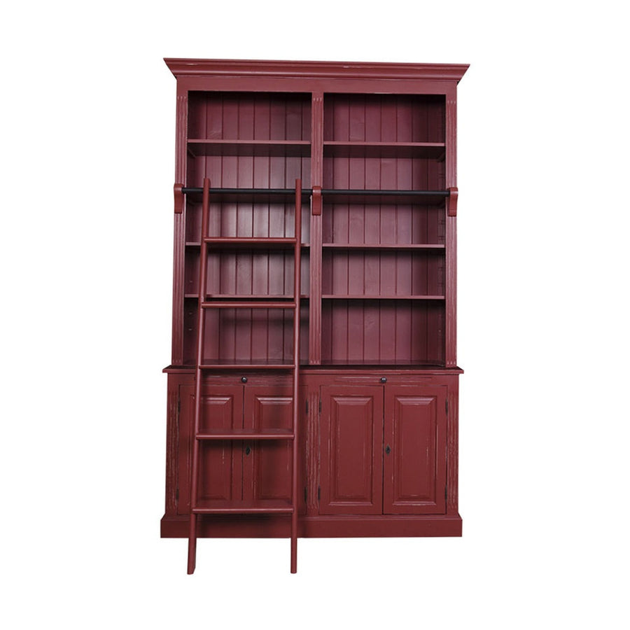 Antikolt vörös színű, klasszikus stílusú könyvesszekrény négy polccal és kétszer kétajtós tárolóval a bútor alján.
