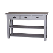 Country stílusú, rusztikus konzolasztl három fiókkal és két polccal. Színe: fehér.