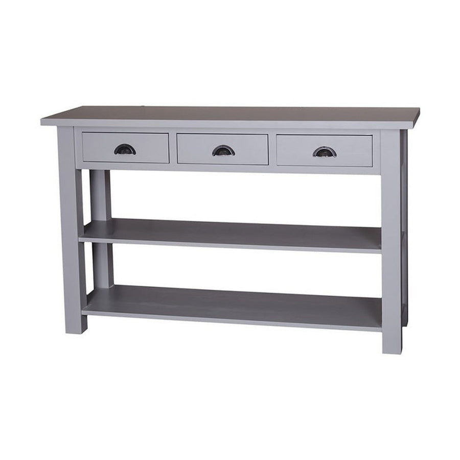 Country stílusú, rusztikus konzolasztl három fiókkal és két polccal. Színe: fehér.