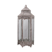 Óriás méretű, 45, 70 és 95 cm magas, antik szürke színű patinás fémből készült, fémcsipkével díszített vintage stílusú 3 darabos lámpásszett