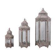 Óriás méretű, 45, 70 és 95 cm magas, antik szürke színű patinás fémből készült, fémcsipkével díszített vintage stílusú 3 darabos lámpásszett