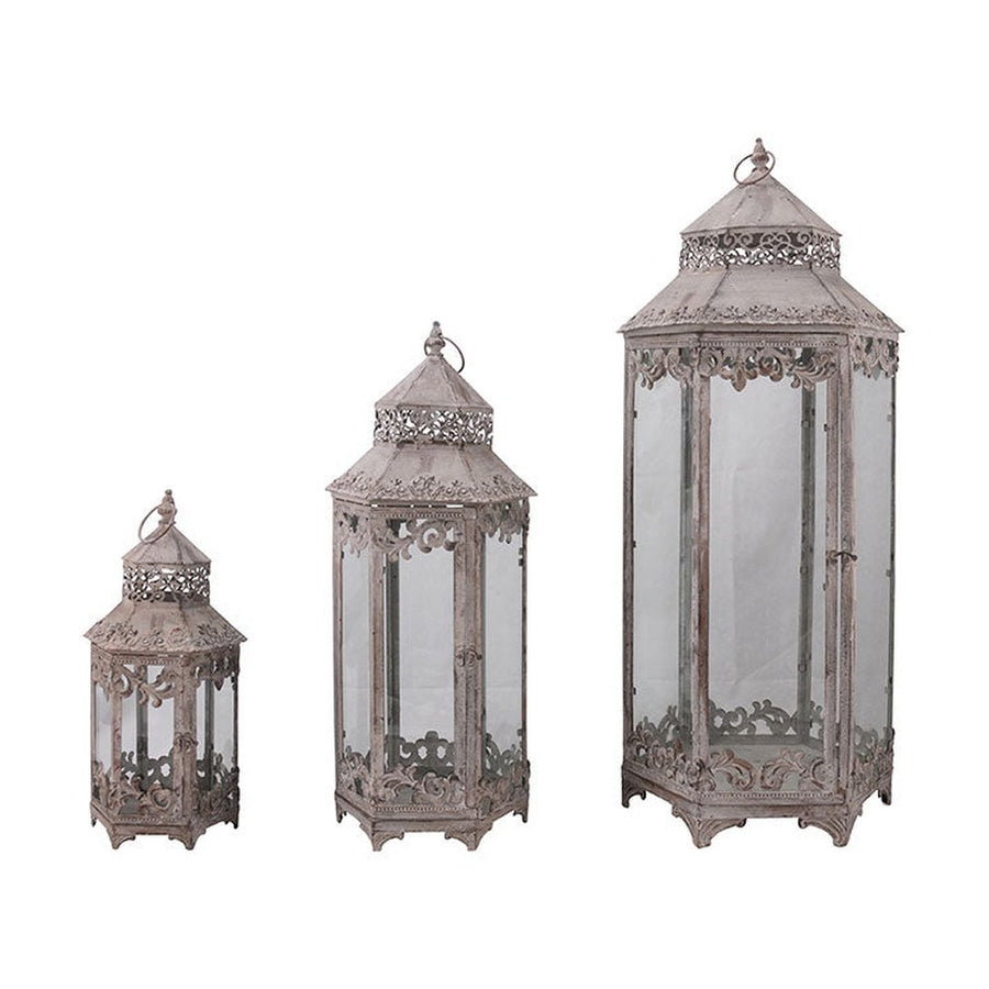 Óriás méretű, 45, 70 és 95 cm magas, antik szürke színű patinás fémből készült, fémcsipkével díszített vintage stílusú 3 darabos lámpásszett