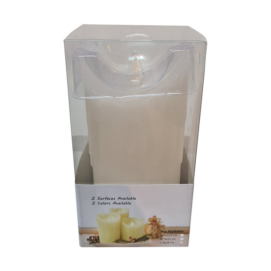 Rusztikus, időzíthető oszlopgyertya pislákoló LED lánggal és valódi fehér színű viasztesttel.