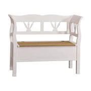 Country stílusú fenyőfa lóca tölgyfa ülőlappal, stilizált tulipánmotívummal díszítve. Színe fehér és pácolt natúr.