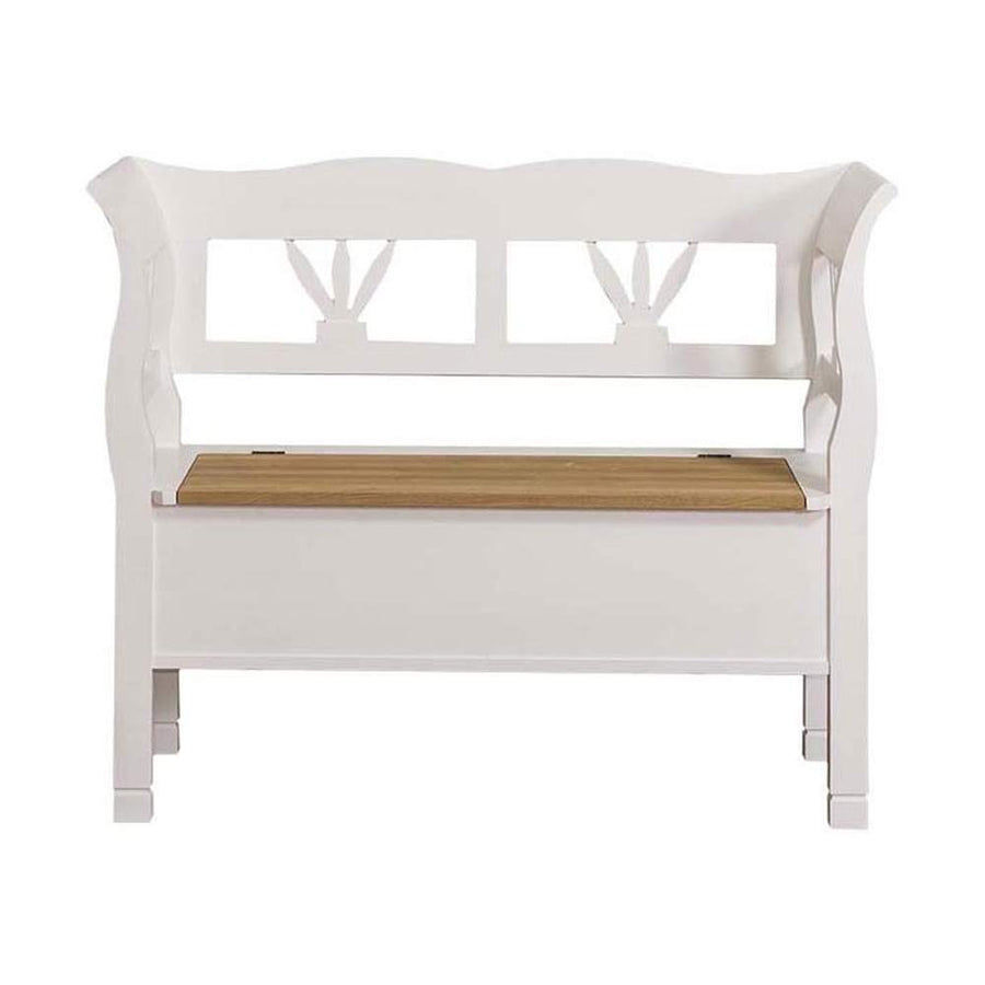 Country stílusú fenyőfa lóca tölgyfa ülőlappal, stilizált tulipánmotívummal díszítve. Színe fehér és pácolt natúr.