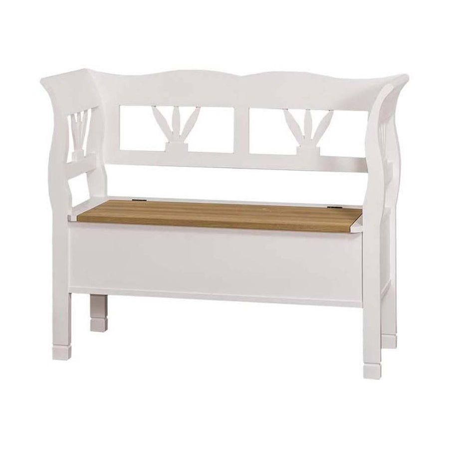 Country stílusú fenyőfa lóca tölgyfa ülőlappal, stilizált tulipánmotívummal díszítve. Színe fehér és pácolt natúr.