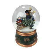 Exkluzív megjelenésű, 10 cm átmérőjű és 14 cm magas, karácsonyi zenélő-forgó hógömb, fenyőfával megrakott, talicskát toló viktoriánus korabeli apukával és kislányával.