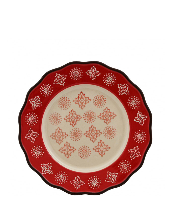 Skandináv stílusú, kézműves kerámia desszerttányér stilizált virágmotívum díszítéssel