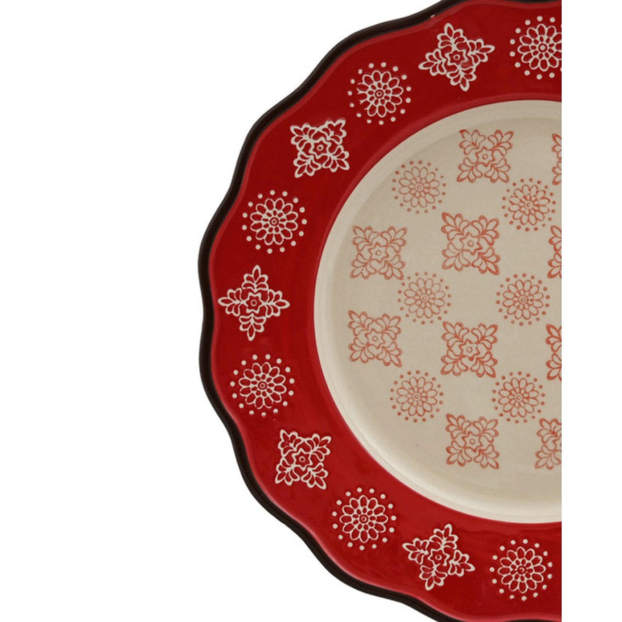 Skandináv stílusú, kézműves kerámia lapostányér stilizált virágmotívum díszítéssel