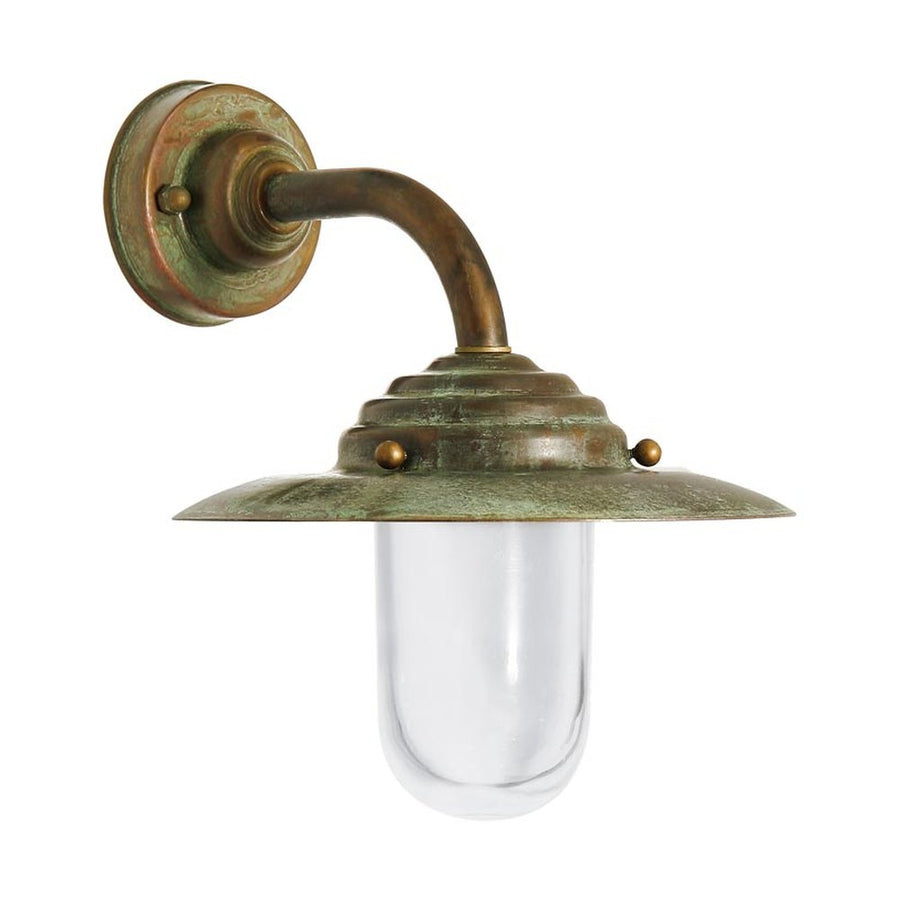 Country stílusú, antikolt réz színű falikar tányérszerű lámpatesttel és átlátszó üvegbúrával.