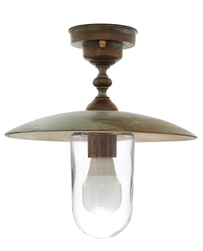 Loft stílusú, antikolt sárgaréz színű mennyezeti lámpa átlátszó üvegbúrával.