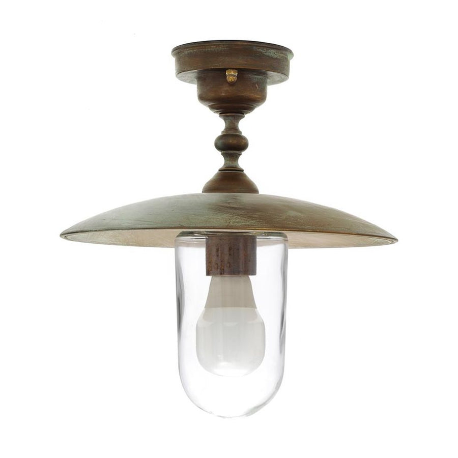 Loft stílusú, antikolt sárgaréz színű mennyezeti lámpa átlátszó üvegbúrával.