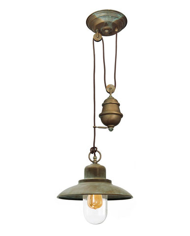Loft stílusú, állítható magasságú, antikolt sárgaréz színű réz függeszték, átlátszó üvegbúrával.