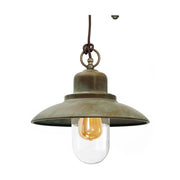 Loft stílusú, állítható magasságú, antikolt sárgaréz színű réz függeszték, átlátszó üvegbúrával.