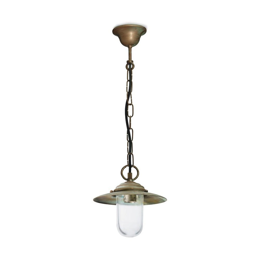 Country stílusú, antikolt réz színű falikar tányérszerű lámpatesttel és átlátszó üvegbúrával.