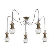 Vintage stílusú, antikolt sárgaréz színű, öt lámpából álló függeszték sárgarézből és üvegből