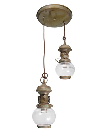 Két lámpás vintage stílusú, antikolt sárgaréz színű függeszték átlátszó üvegbúrával