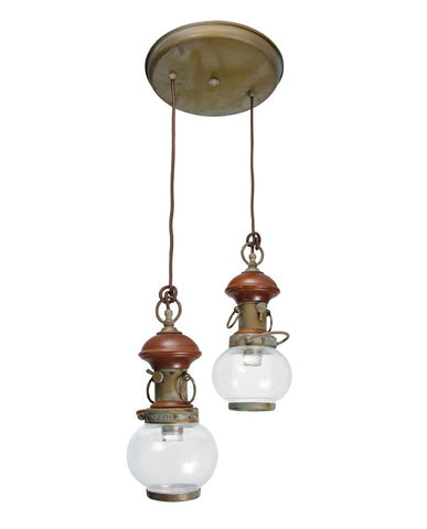 Vintage stílusú, antikolt sárgaréz és rozsdavörös színű, két lámpából álló függeszték sárgarézből és üvegből