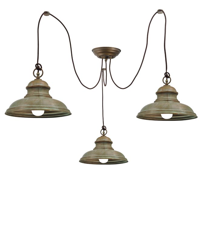 Vintage stílusú, antikolt sárgaréz színű, harang alakú, három lámpából álló függeszték.