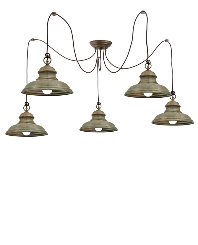 Vintage stílusú, antikolt sárgaréz színű, harang alakú, öt lámpából álló függeszték.
