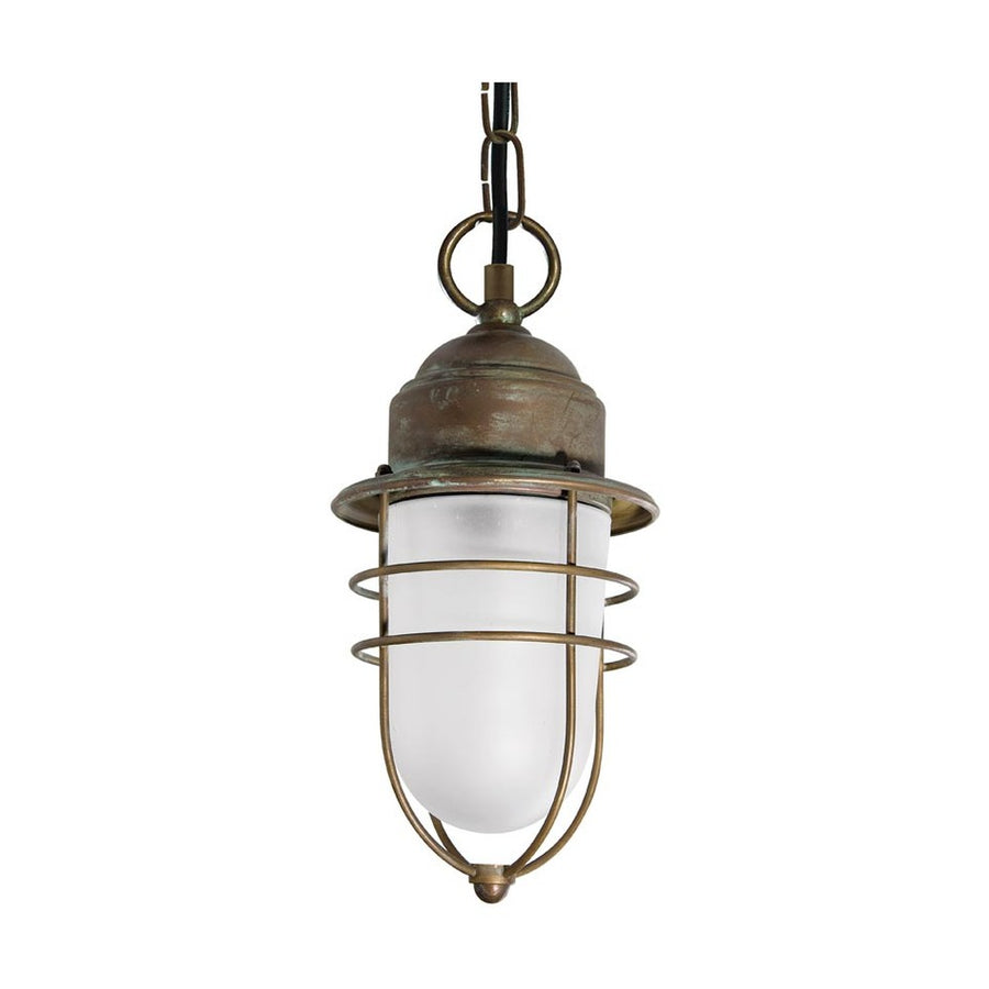 Industrial stílusú, antikolt sárgaréz színű, réz függeszték opál üvegbúrával.