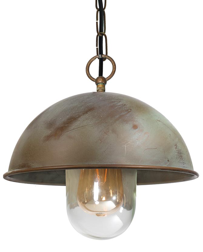 Ipari stílusú, antikolt srágaréz színű rézfüggeszték lámpa üvegbúrával.