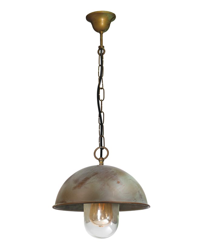 Ipari stílusú, antikolt srágaréz színű rézfüggeszték lámpa üvegbúrával.