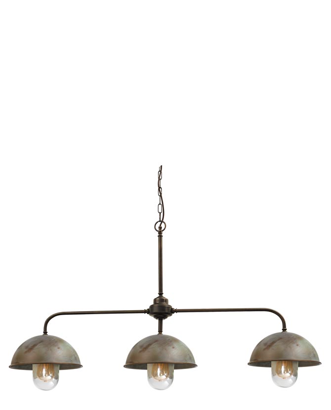 Ipari stílusú, rézből készült függeszték három darab lámpabúrával 