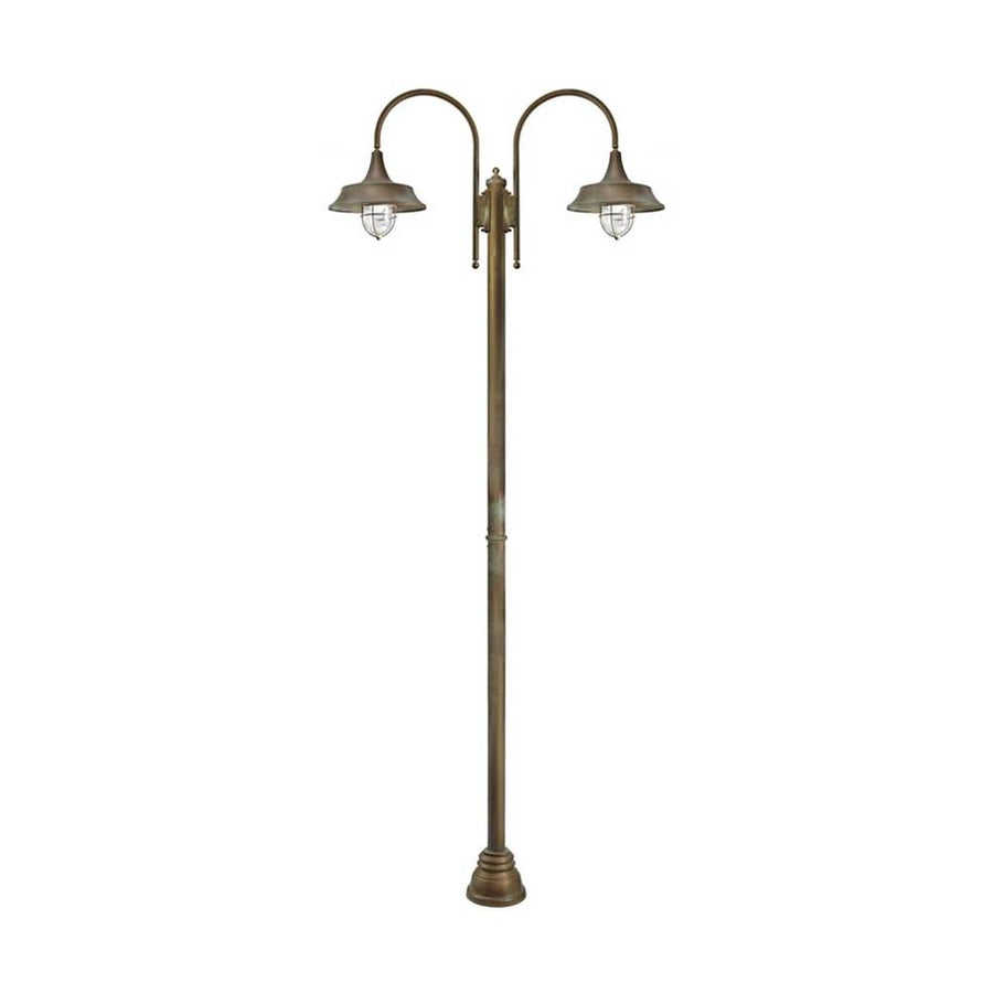 Vintage stílusú, rézből készült, 270 cm magas kandeláber üvegbúrával két foglalattal.