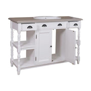 Fenyőfa mosdószekrény klasszicizálió faragással a lábain. A tárolásról négy fiók, négy polc, valamint egy polcos tároló gondoskodik. Színe fehér, és bézs.