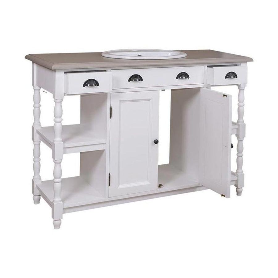 Fenyőfa mosdószekrény klasszicizálió faragással a lábain. A tárolásról négy fiók, négy polc, valamint egy polcos tároló gondoskodik. Színe fehér, és bézs.