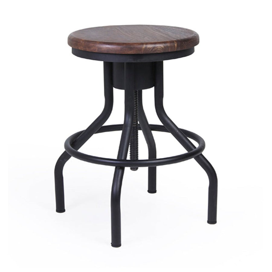 Industrial stílusú, állítható magasságú bárszék/hokedli, vas testtel és mangófa ülőfelülettel.