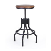 Industrial stílusú, állítható magasságú bárszék/hokedli, vas testtel és mangófa ülőfelülettel.