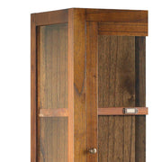 Loft stílusú, mindifából készült vitrines tárolószekrény polc részlete.