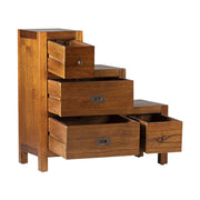 Loft stílusú, mindifából készült, lépcsőzetes komód kihúzott fiókokkal.