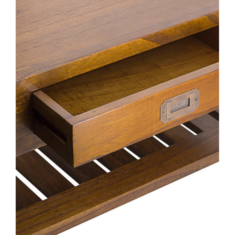 Loft stílusú, mindifából készült dohányzóasztal fiók részlete.