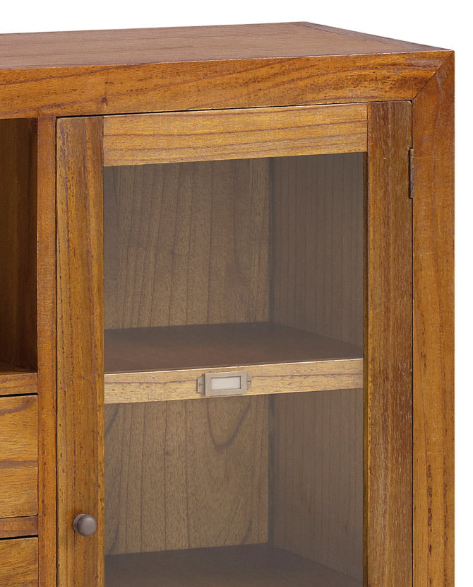 Loft stílusú, mindifából készült vitrines tároló két nyitott polccal, két fiókkal és üveges tárolóval.
