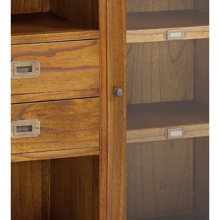 Loft stílusú, mindifából készült vitrines tároló két nyitott polccal, két fiókkal és üveges tárolóval.