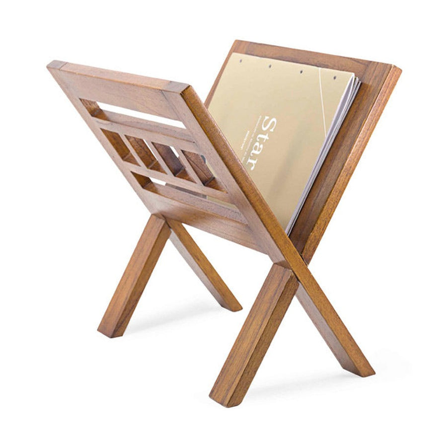 Loft stílusú, mindifából készült X alakú újságtartó.