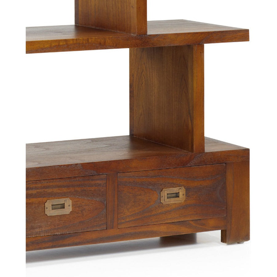 Loft stílusú, mindifából készült, impozáns méretű, kézműves könyvespolc fiók részlete.