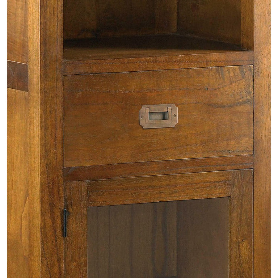 Loft stílusú, mindifából készült, modern formavilágú vitrines tárolószekrény fiók részlete.