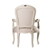 Klasszikus stílusú, törtfehér színű, bézs színű szövettel kárpitozott karosszék. A kényelemről a szélesedő háttámlája, a kárpitozott karfa, és puha ülés gondoskodik. A kecsesen faragott bútort szolid virágfaragások díszítik.