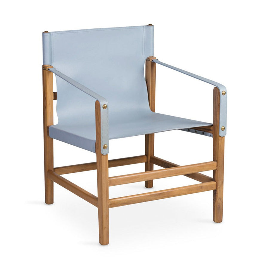 Prémium kategóriás, vintage stílusú, teakfából faragott, világoskék színű bőrrel kárpitozott kézműves karosszék.